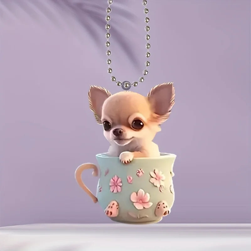 2D Chic Chihuahua Keychain Puppy in Tea Cup Pendant Ornament Acrylic Charm For Christmas ,Backpack,Bag,Home,Festive,Gift&Decor