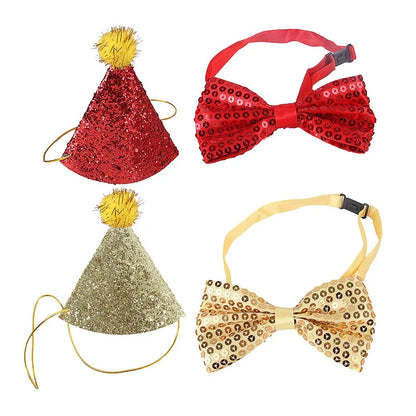 the GOLD/RUBY BIRTHDAY DOG - 4PCS Pet Birthday Hat, Bow Tie Set for Small/Medium Dogs & Cats, Shiny Sequins Party Accessories, Pet Dog Birthday Hat Set