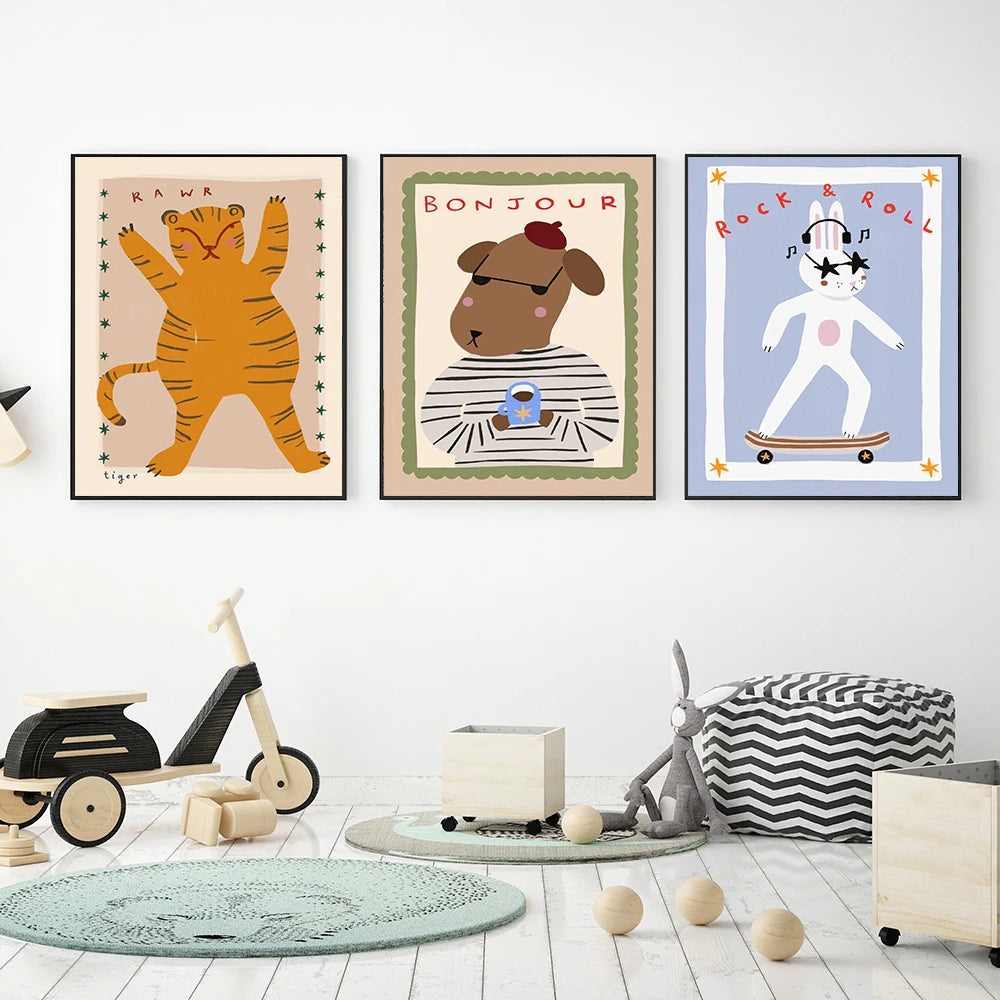Funny Animals Tiger Bonjour Dog Bunny Skateboard Posters Prints Wall Art Canvas Painting Nursery Pictures for Kids  Room Decor