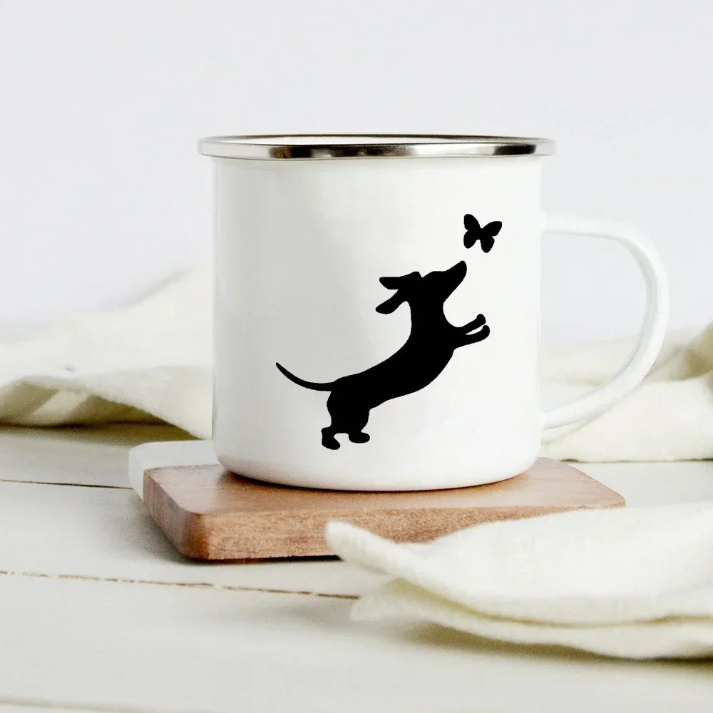 Funny Dachshund Print Creative Enamel Mug Coffee Wine Mugs Cartoon Dogs Paw Party Drink Beer Juice Milk Cups Gifts for Lover Dog