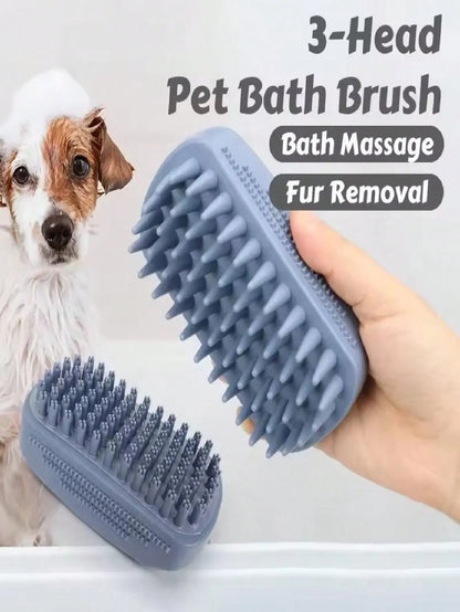 1Pc 3-Head Silicone Bath Massage Brush with Fur Removal for Cats/Dogs - Collects 96% Wet Hair during Washing - Grooming Tool