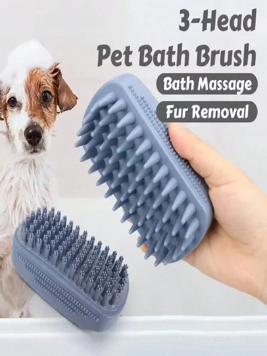 1Pc 3-Head Silicone Bath Massage Brush with Fur Removal for Cats/Dogs - Collects 96% Wet Hair during Washing - Grooming Tool