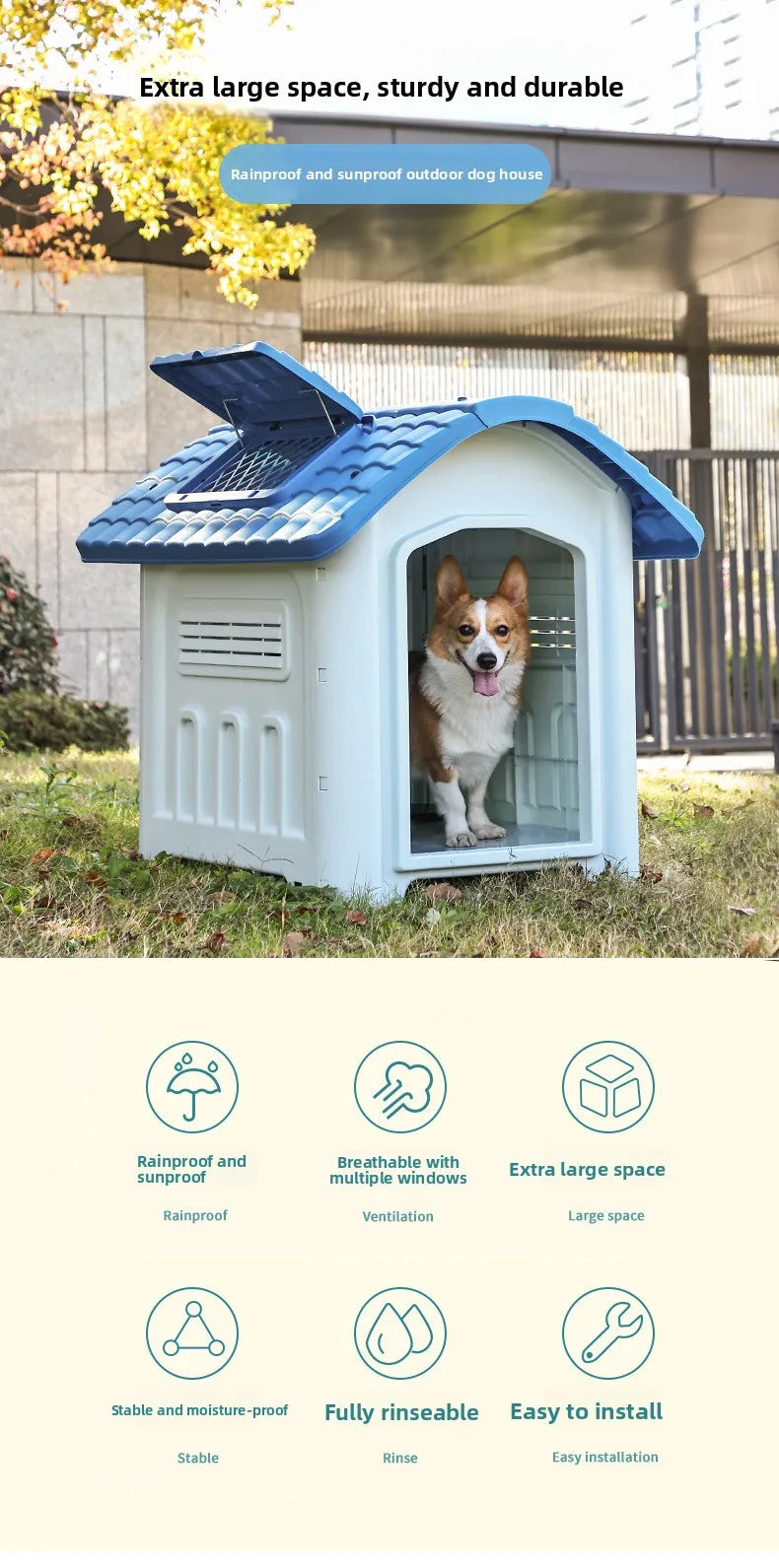 the IN THE DOGHOUSE - Large Waterproof Outdoor Doghouse - Detachable & Washable Dog Cage for Medium/Large Breeds, All-Weather Shelter