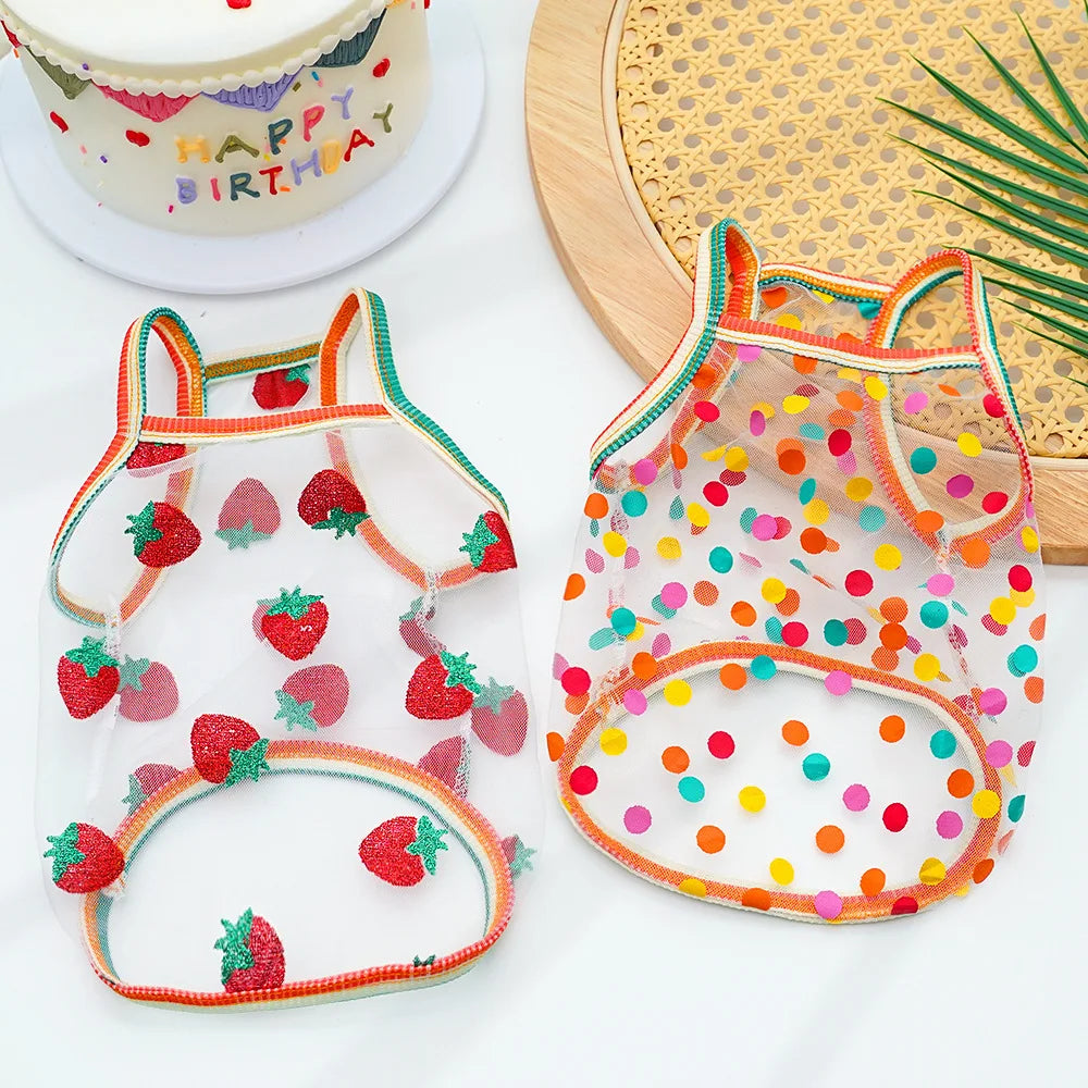 Pet Strap Sunscreen Vest Mesh Strawberries Dog Vests Dog Cat Clothing Supplies Thin Teddy Bear Colorful Dot Top Puppy Clothes