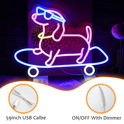 Skateboard Dog Neon Signs LED Neon Light Sign Light Up Neon Signs Wall Decor for Game Room Bedroom HomeBar Living Room kids room