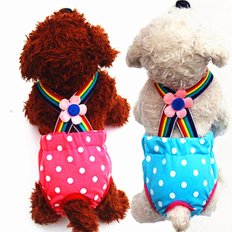 Adjustable Pet Diaper Pants for Female Dogs with Rainbow Suspenders Cute Polka Dot Puppy Sanitary Underwear Reusable Dog Shorts