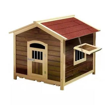 the DOGGY CABIN - Large Outdoor Wooden Dog Kennel with Sun Visor and Wooden Door, Weatherproof Pet House