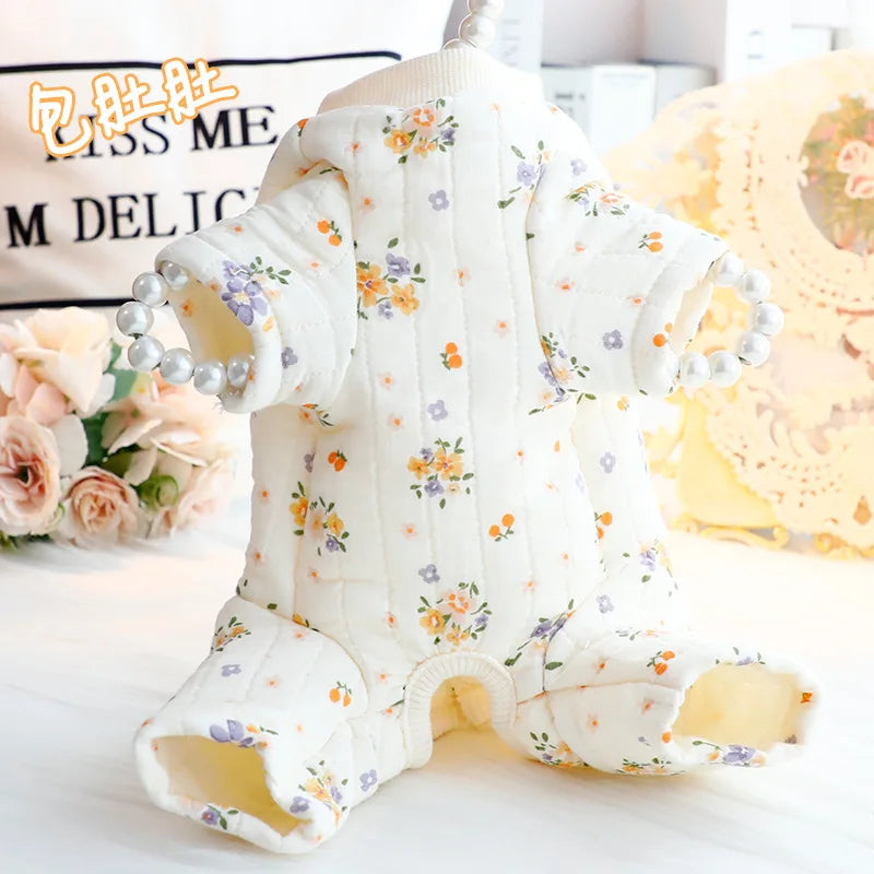 Dog Clothes Autumn and Winter Floral Double-layer To Protect The Belly Four Legged Small Dog Teddy Bear Pet Puppy Clothes