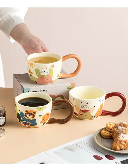 350ML Cartoon Hand Painted Bunny bear Coffee Cups Irregular Ceramic Mug Large Handle Home Office Milk Water Cup Kid's Gifts
