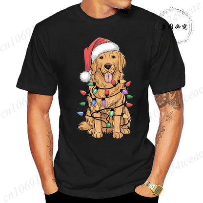 the GOLDEN CHRISTMAS - New Men's T-Shirts Christmas Golden Retriever Print T-Shirts, Round Neck Short Sleeve Casual T-Shirt, Happy New Year Dog Shirts