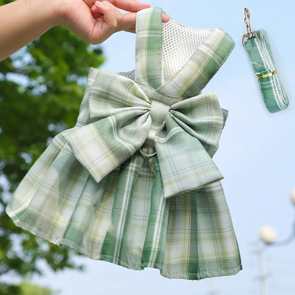 Reusable with Leash Traction Dog Plaid JK Dress Thin Dacron Pet Harness Skirt Washable Comfortable Dog Bow Skirt Puppy