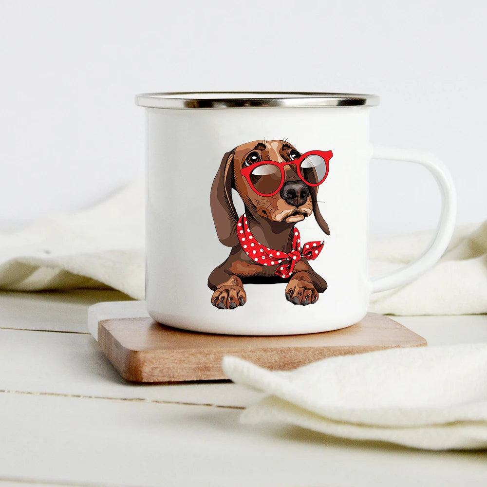 Funny Dachshund Print Creative Enamel Mug Coffee Wine Mugs Cartoon Dogs Paw Party Drink Beer Juice Milk Cups Gifts for Lover Dog