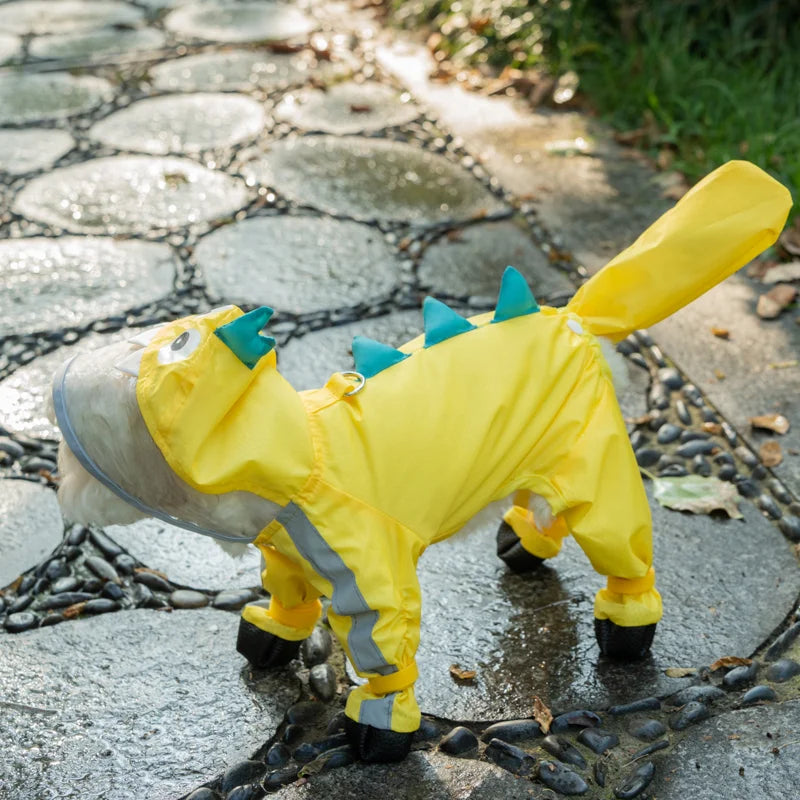 the YELLOW DINOSAUR - Small Dog Raincoat, Pet Four Foot Waterproof Full Wrap, Teddy Bichon Schnauzer Puppy Raincoat with Feet, Casual Dog Clothes