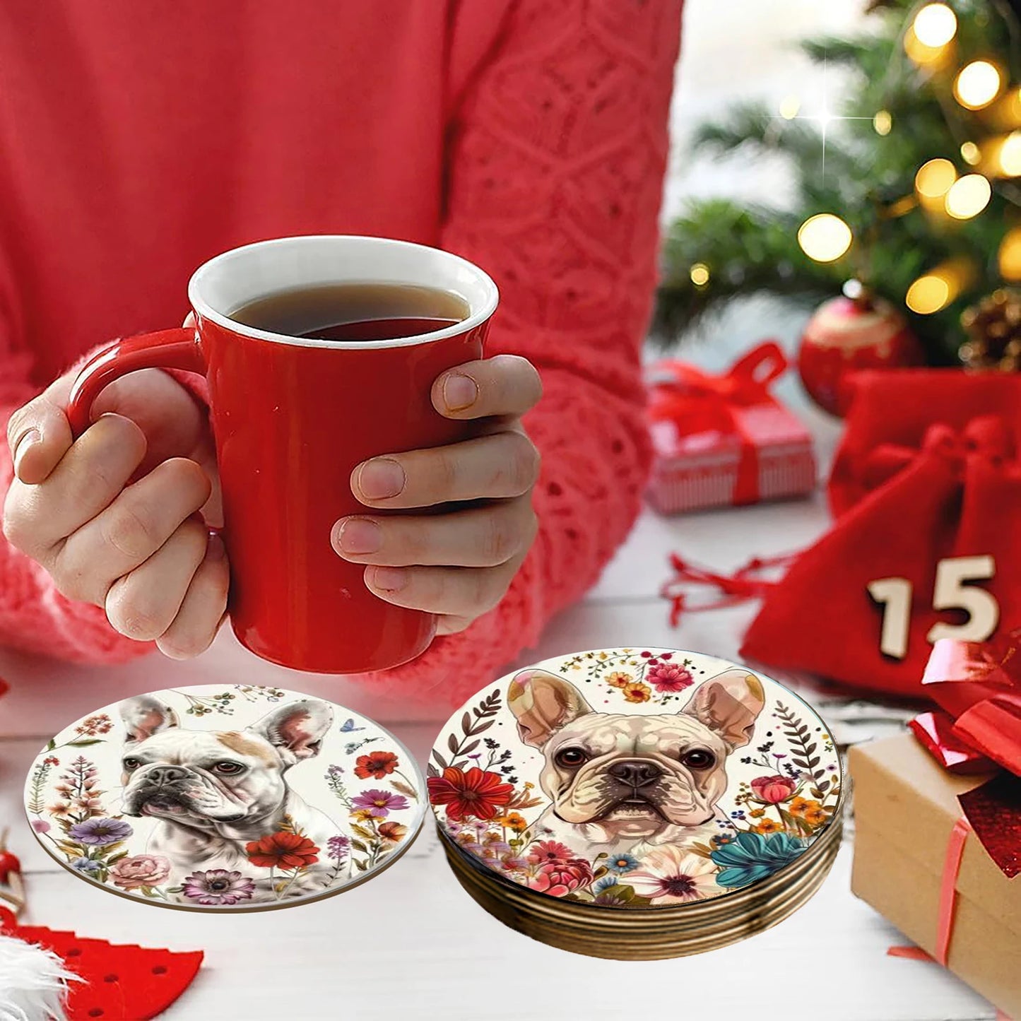 A set of 6-piece cute wooden round coasters with a little dog pattern is suitable for Thanksgiving and Mother's Day decoration