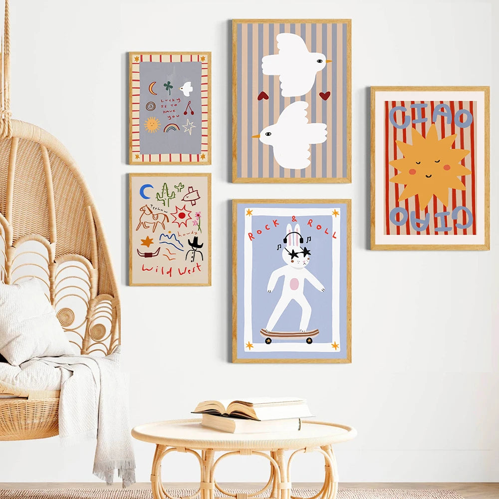 Funny Animals Tiger Bonjour Dog Bunny Skateboard Posters Prints Wall Art Canvas Painting Nursery Pictures for Kids  Room Decor