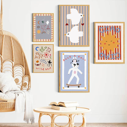 Funny Animals Tiger Bonjour Dog Bunny Skateboard Posters Prints Wall Art Canvas Painting Nursery Pictures for Kids  Room Decor