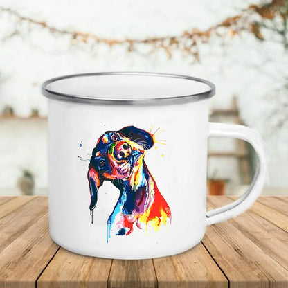 Watercolor Dog Printed Creative Coffee Cup Drinks Wine Beer Juice Milk Cups Camping Mug Handle Enamel Mugs Gifts for Lover Dogs