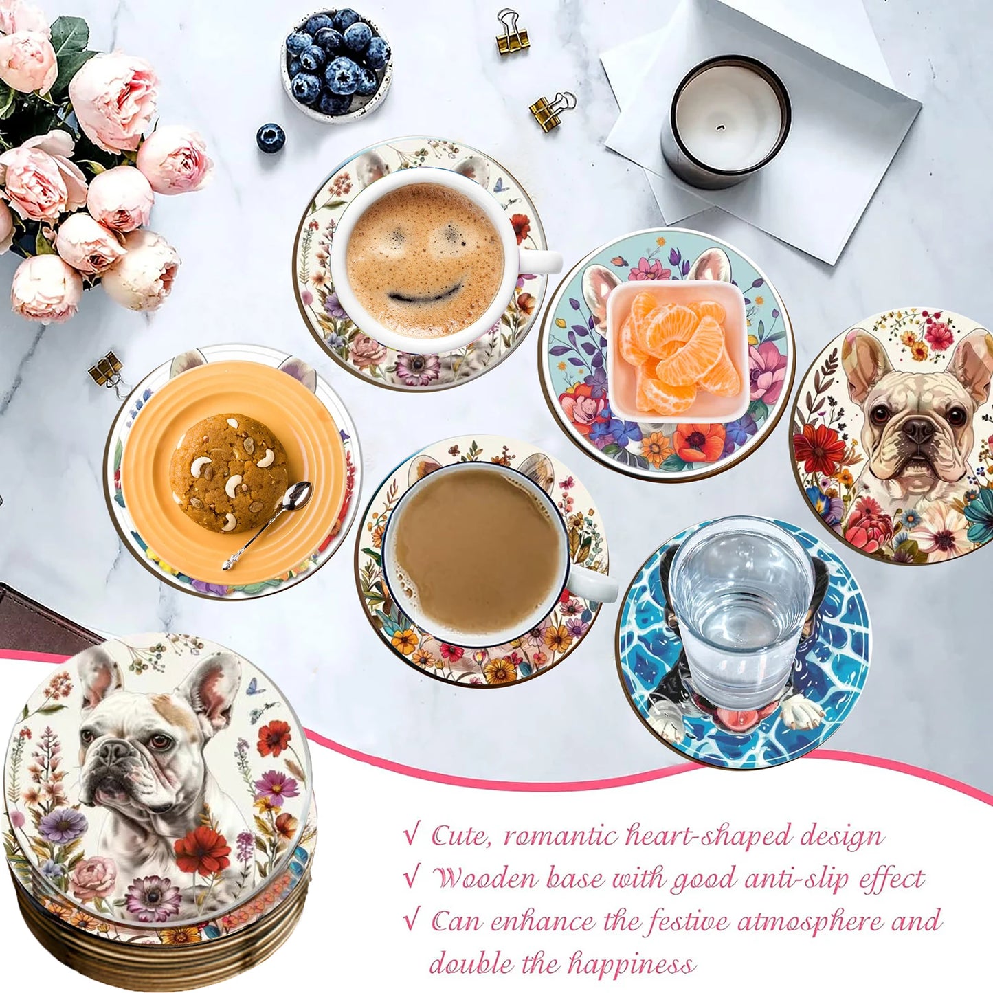 A set of 6-piece cute wooden round coasters with a little dog pattern is suitable for Thanksgiving and Mother's Day decoration