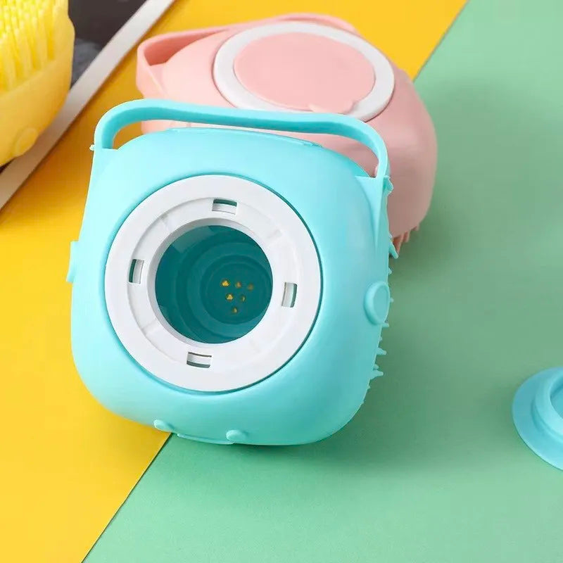 Silicone Soft Rubber Pet Massage Shower Brush with Builtin Shampoo Storage Self Cleaning Detangling for Dogs Cats Grooming Brush