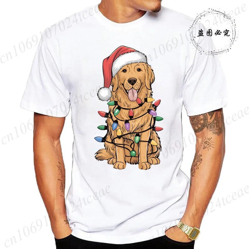 the GOLDEN CHRISTMAS - New Men's T-Shirts Christmas Golden Retriever Print T-Shirts, Round Neck Short Sleeve Casual T-Shirt, Happy New Year Dog Shirts