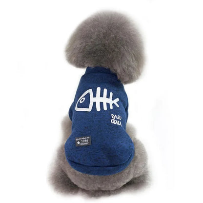 Cute Fleece Pet Clothes Fish Bone Pattern Warm Dog Hoodie Sweater Autumn Winter Dog Vest Button Dogs Short Sleeve Jacket Vest