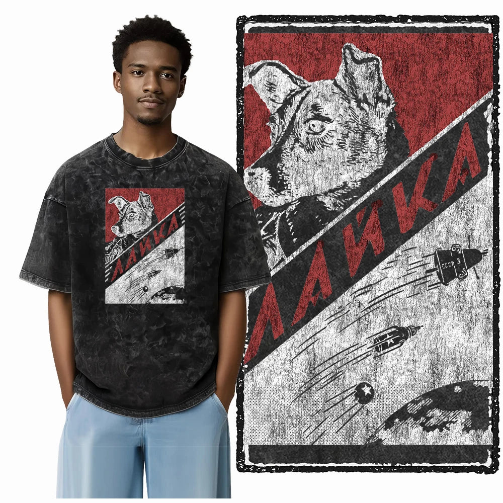 the SPACE TRAILBLAZER - DCA Laika Dog Printed Acid Washed Cotton Streetwear Exclusive Graphic Unisex T-Shirt, Cool Vintage Men T-Shirts