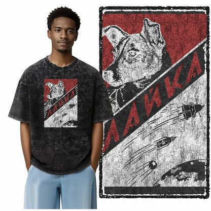 the SPACE TRAILBLAZER - DCA Laika Dog Printed Acid Washed Cotton Streetwear Exclusive Graphic Unisex T-Shirt, Cool Vintage Men T-Shirts