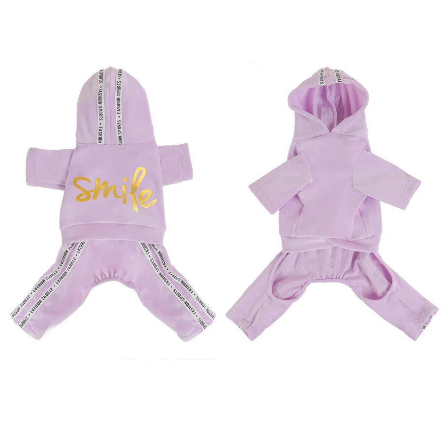 Soft Velvet Dog Jumpsuit Puppy Pajamas Onesie with Hoodie Pet Apparel Spring Autumn Cozy Dog Clothes for Small Medium Dogs
