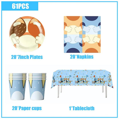 New Cartoon Dogs Birthday Party Decoration Full Set Kit Blue Dog Happy Birthday Plates Napkins Cups Tableware Supplies Kid Favor