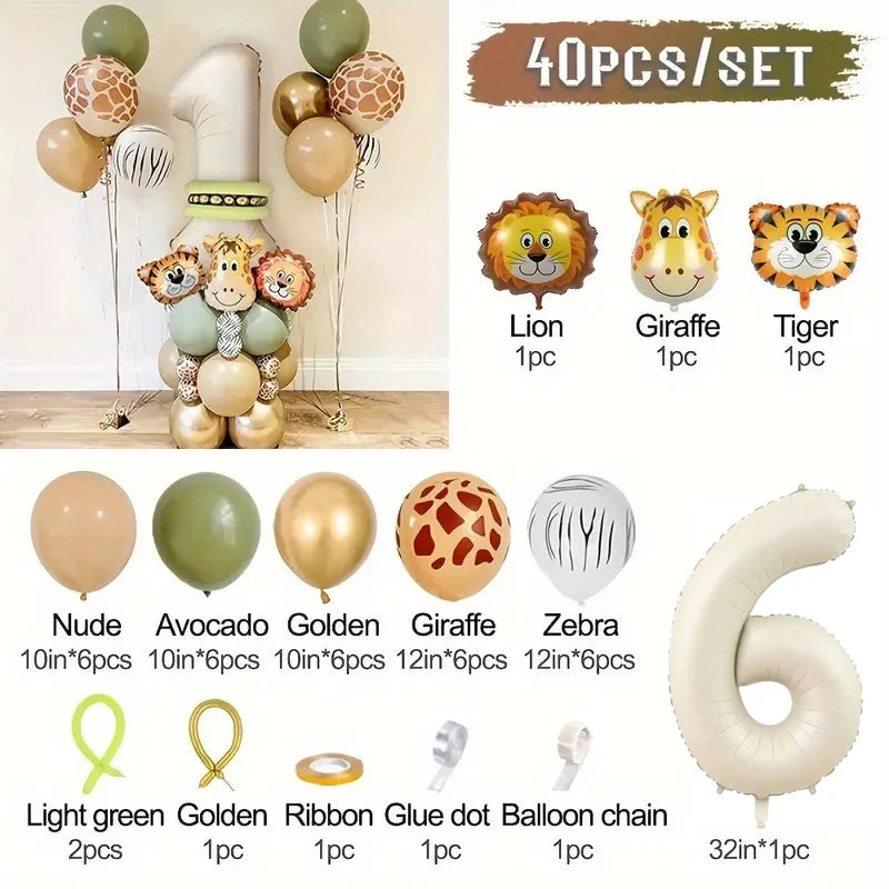 40 Pieces Jungle Retro Animal Balloons for Kids Birthday Number 12345 Gender Reveal Party Decoration Set Digital Birthday Ball
