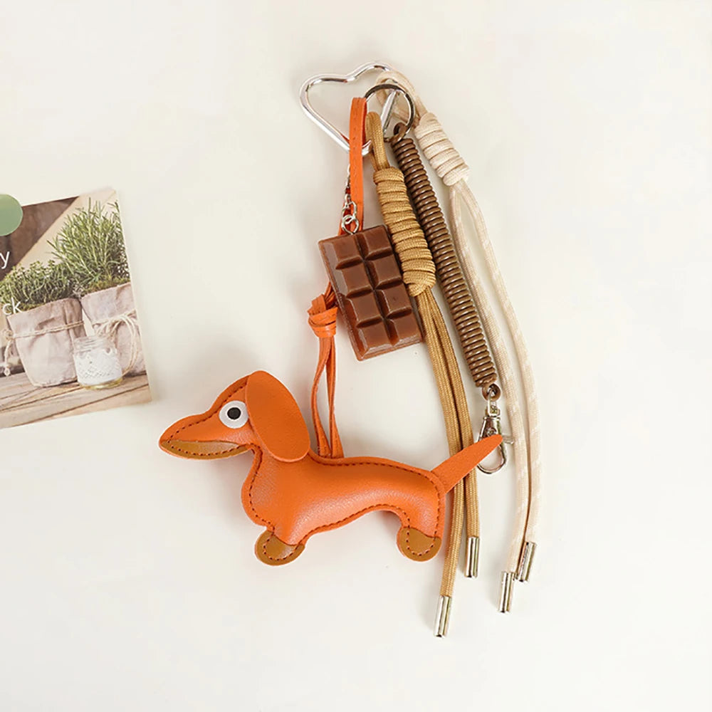 Trendy Gift Cute Sausage Dog Keychain Leather Woven Rope Anti-Lost Luggage Tag Car Bag Charm Men Women Fashion Accessories Gifts