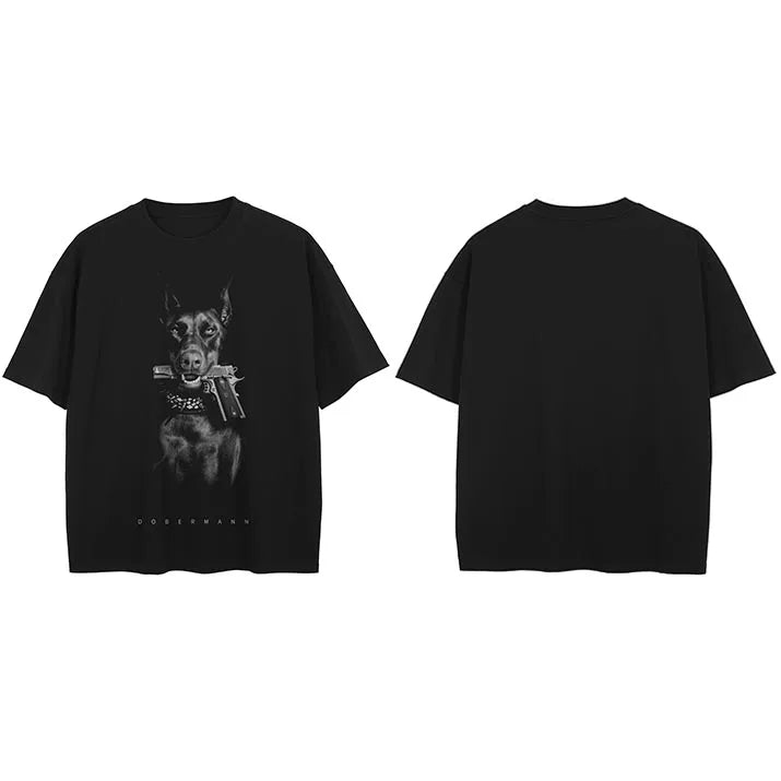 the BEWARE OF DAWG - T-Shirt Streetwear Animal Graphic Doberman, Dog Gun T-Shirt, Cotton Hipster Men T-Shirt, Unisex Tops Tees, Black Hip Hop