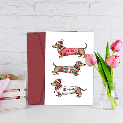 Funny Dachshund Christmas Greeting Card with Envelope,Merry Christmas Cards Perfect for Dog Lovers,Pet Owner, Holiday Gift Cards
