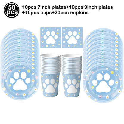Dog Puppy Theme Party Tableware Color Paw Print Paper Cups Plates Banner 1st-3th Dog Birthday Party Baby Shower Decor