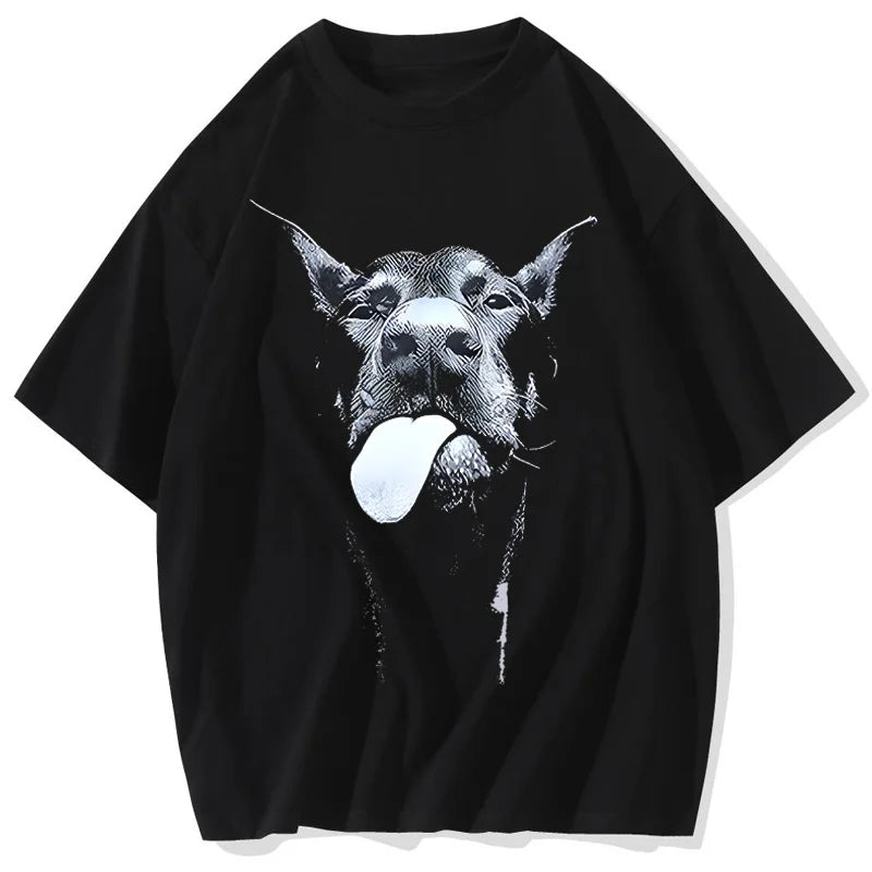 the ALPHA ATTITUDE - Men Gothic Letter Dog Printed T-Shirt, Hip Hop Streetwear Punk Summer Vintage Washed Oversized T-Shirts