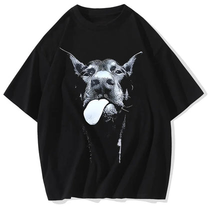 the ALPHA ATTITUDE - Men Gothic Letter Dog Printed T-Shirt, Hip Hop Streetwear Punk Summer Vintage Washed Oversized T-Shirts