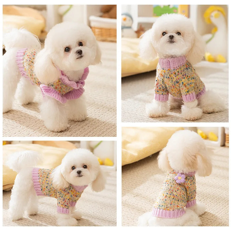 Autumn and Winter Pet Dot Little Flower Sweater Comfortable Warm Dog Clothes Teddy Cat Clothing Puppy Clothes for Small Dogs