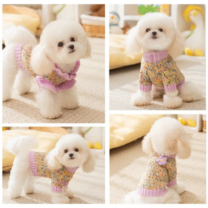 Autumn and Winter Pet Dot Little Flower Sweater Comfortable Warm Dog Clothes Teddy Cat Clothing Puppy Clothes for Small Dogs
