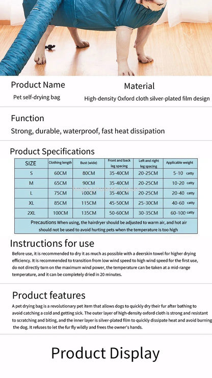 Foldable Pet Drying Bag Portable Efficient Drying Bag for Dog Cats Bathing Hair Drying Grooming Dog Cleaning Small Medium Large