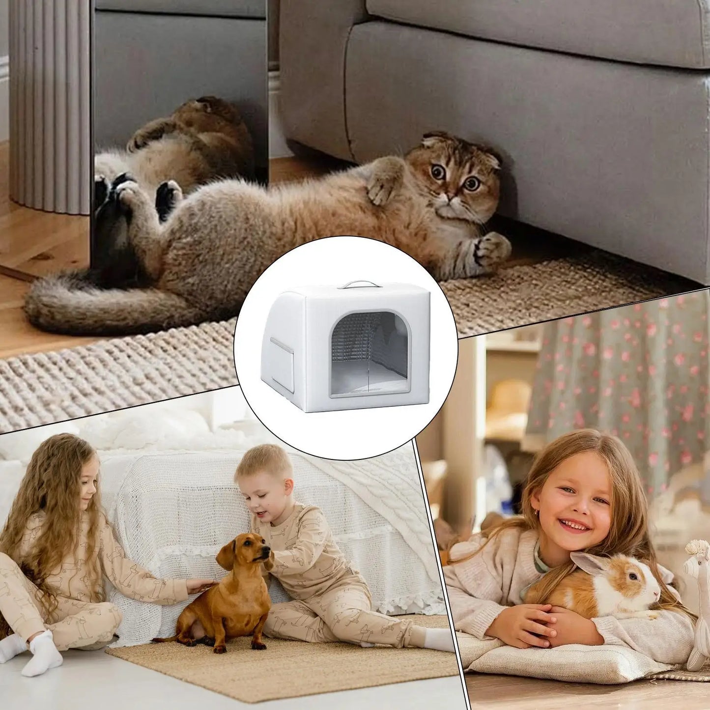 the COOLING CAVE - Doghouse with Cooling, Foldable Pet Cooling Shelter for Dogs/Cats with 8 Ice Bags, Doghouse for Farm, Backyard, Living Room, Front Door