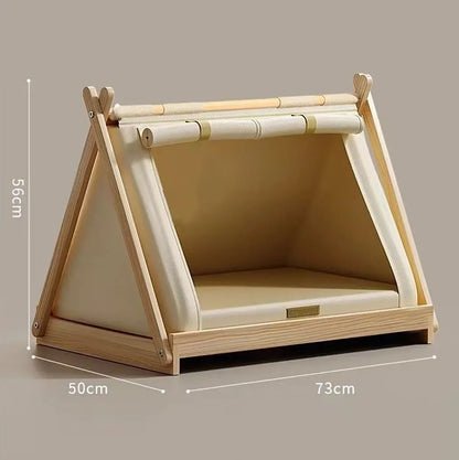 the POW-WOW PET BED - Wooden Oxford Cloth Dog Bed, Elevated Moisture-Proof Tent, Enclosed Safety House All-Season Dog Shelter with Frame Support