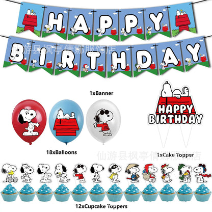 Cute Snoopy Dog Children'S Birthday Party Decoration Set Classic Cartoon Character Flag Pulling Cake Size Label Balloon Set