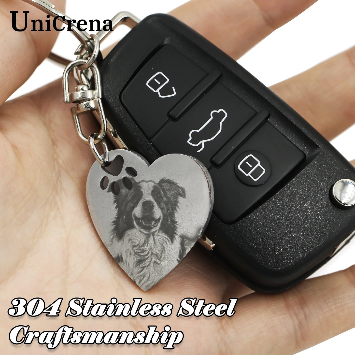 UniCrena Engraved Dog Keychain - Custom Pet Picture Keychain for Dog Cat Lovers Pet Loss Sympathy Gift Stainless Steel Heart