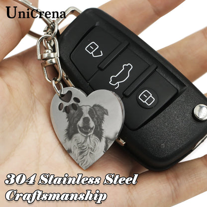 UniCrena Engraved Dog Keychain - Custom Pet Picture Keychain for Dog Cat Lovers Pet Loss Sympathy Gift Stainless Steel Heart