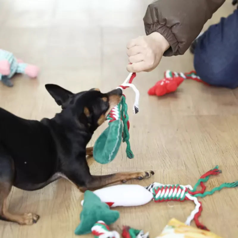 Christmas Themed Interactive Chew Toy for Dogs And Cats - Cute Squeaky Cotton Rope Knot Molar Bite Toy Funny Puppy Xmas Gift