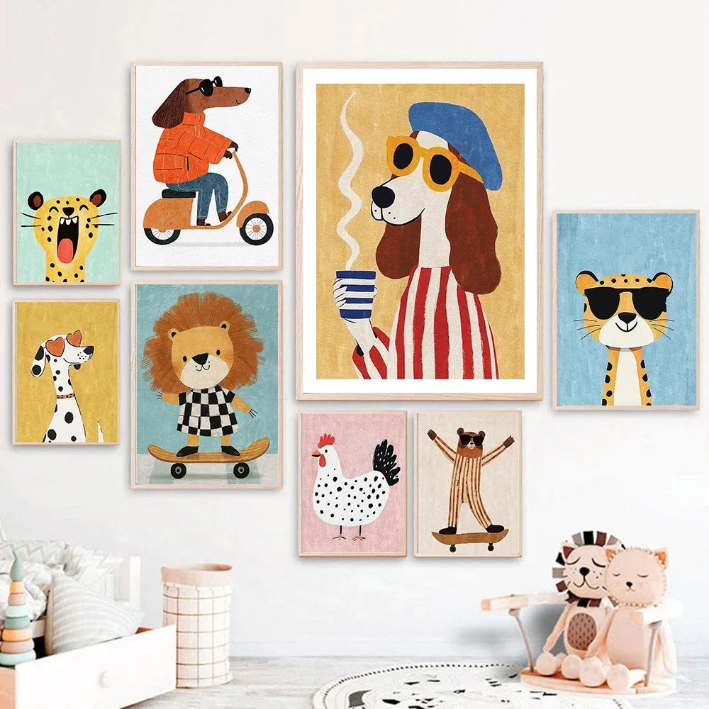 Funny Animals Lion Cheetah Dog Bear Skateboard Posters Prints Wall Art Canvas Nursery Pictures for Kids Girls Boys Room Decor