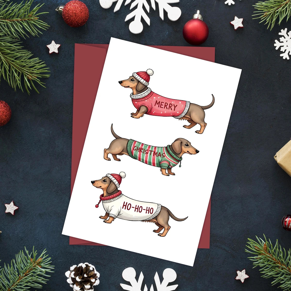 Funny Dachshund Christmas Greeting Card with Envelope,Merry Christmas Cards Perfect for Dog Lovers,Pet Owner, Holiday Gift Cards