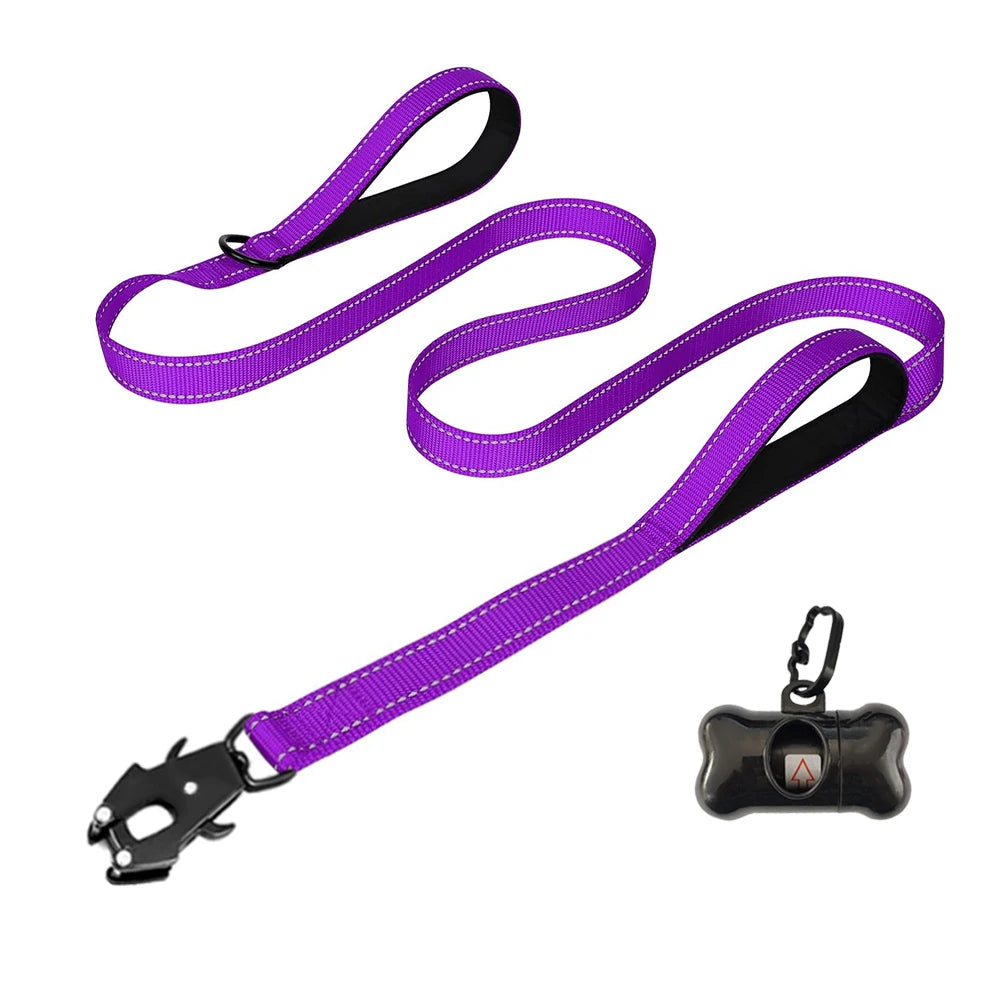 the COMMANDPRO REFLECTIVE LEASH - Heavy Duty Dog Leash - Nylon Reflective with Soft Padded 2 Handle & Auto Lock, Frog Clip, Outdoor Dog Leash with a Dog Poop Bag