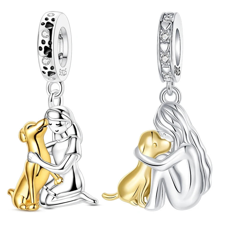 925 Sterling Silver Girl Holding Dog Charms Beads Fit Original 925 Bracelet Making Gift for Woman Jewelry Diy Fashion Pendant