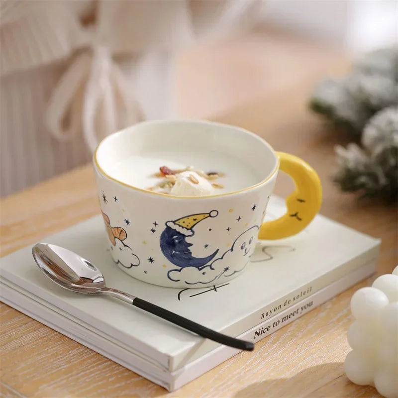 300ml Creative Cartoon Ladybug Dog Pattern Coffee Cup with Moon Handle Ceramic Mug Breakfast Milk Cups for Kids Birthday Gift